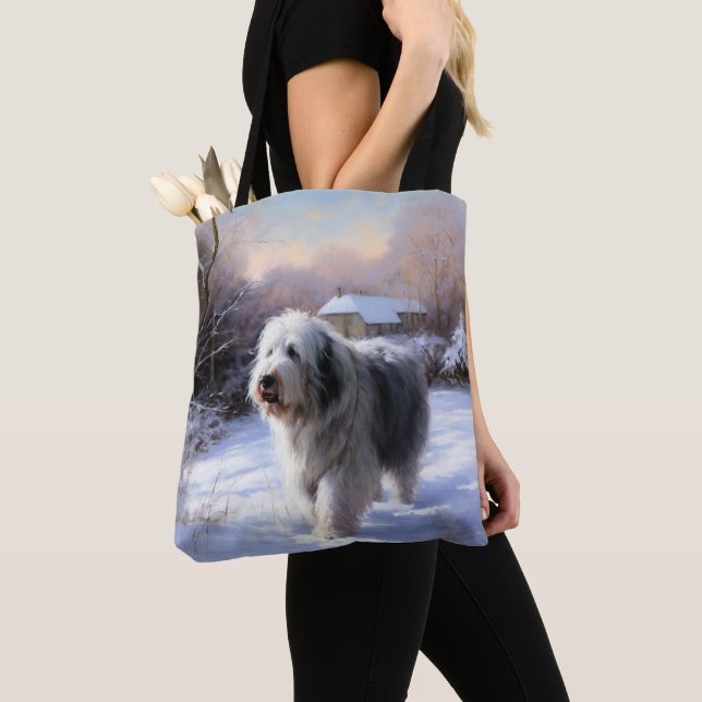 Tote Bag Old English Sheepdog Laisser neiger Noël (De près)