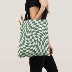 Tote Bag Olive Green & White À damiers Motif déformé