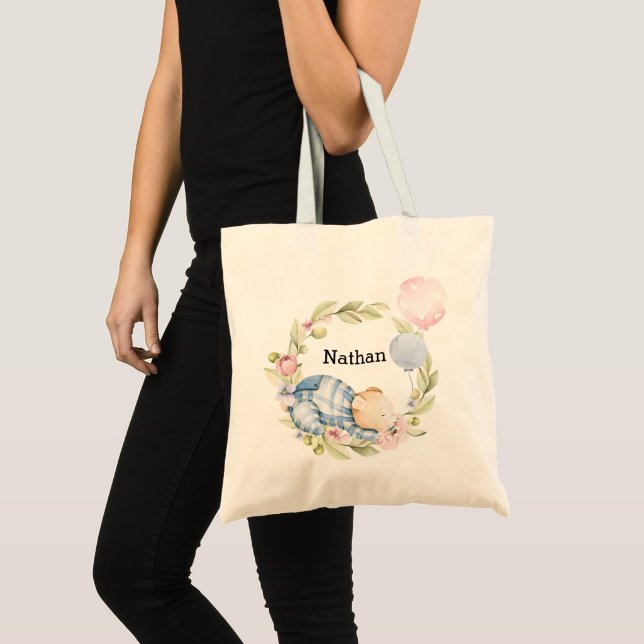 Tote Bag On Peut Attendre Le Baby shower Teddy Bear Garçon (Devant (produit))