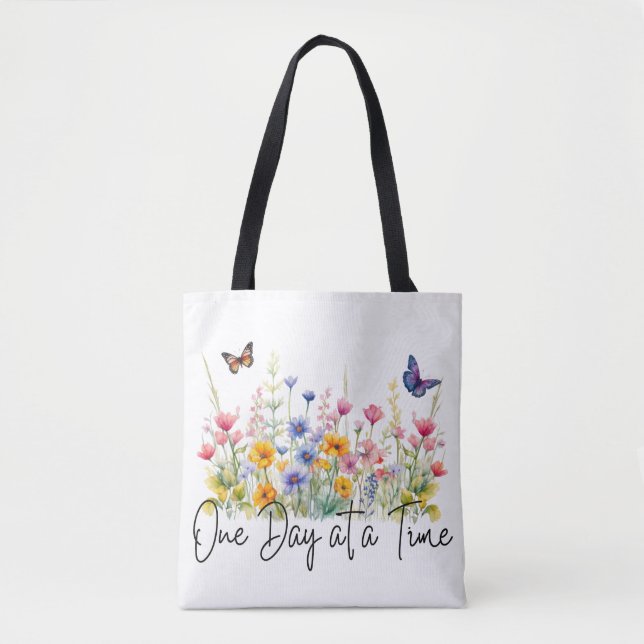 Tote Bag One Day at a Time Inspirational Quote Wildflowers (Devant)