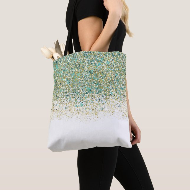 Tote Bag Or Blanc et Glitter Bleu Turquoise Moderne Glamour (De près)