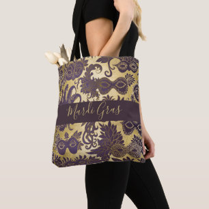 Tote Bag Or de mardi gras et masques pourpres décorés d'u