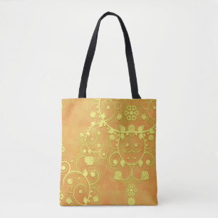 Tote Bag Or Jaune Orange Fantaisie Floral Damassé
