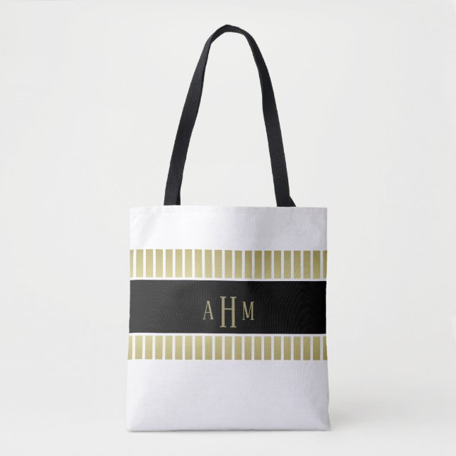 Tote Bag Or noir rayure monogramme blanc (Devant)