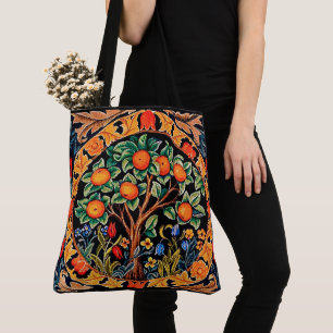TOTE BAG ORANGE ARBRE AVEC FEUILLES VERTS, FLEURS