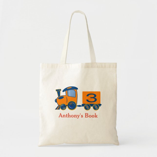 Tote Bag Orange & Blue train enfants bibliothèque nommée (Devant)