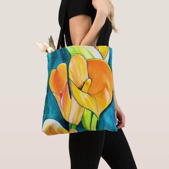 Tote Bag Orange Calla fleurs de laine aquarelle art (De près)