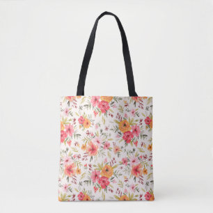Tote Bag Orange Doodle Garden Flower Pattern