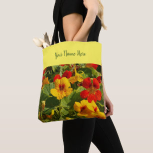 Tote Bag orange, fleurs jaunes, votre nom, nasturtiums