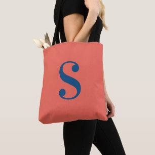 Tote Bag Orange minimal avec gros monogramme bleu marine
