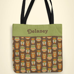 Tote Bag Orange rétro des années 1970, Chouettes vertes sur