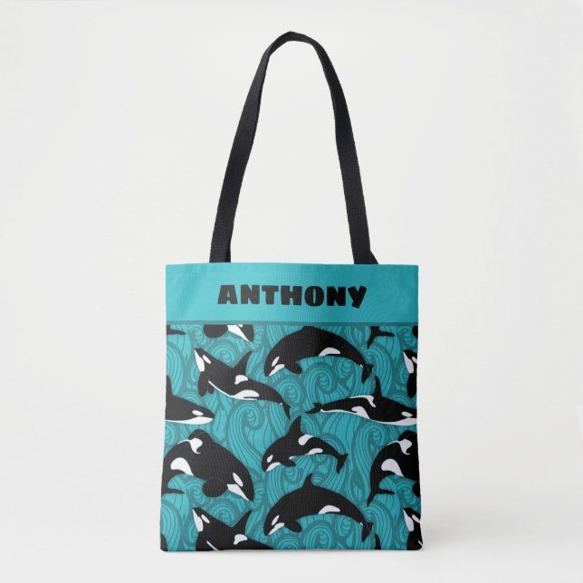 Tote Bag Orcas Tueur Baleines Turquoise Bleu Personnalisé (Devant)