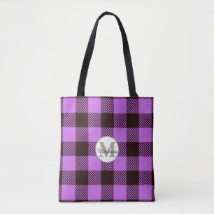 Tote Bag Orchid moderne Noir Plaid Tartan Nom du monogramme