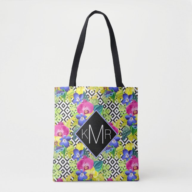 Tote Bag Orchidée Begonia Et Palm Feuilles | Monogramme (Devant)