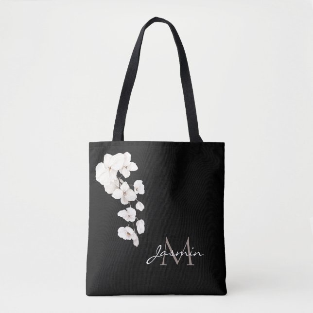 Tote Bag Orchidées noires et blanches modernes Monogramme f (Devant)