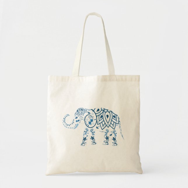Tote Bag Ornate Patterned Blue Elephant (Devant)