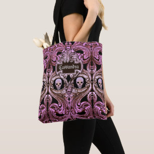 Tote Bag Ornement rose de Goth avec le crâne personnalisé