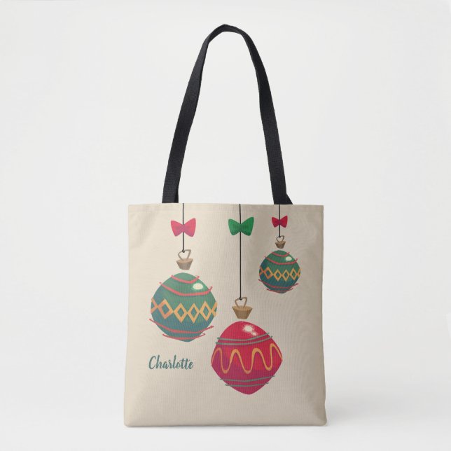Tote Bag Ornements de Noël rétro rouge et vert (Devant)