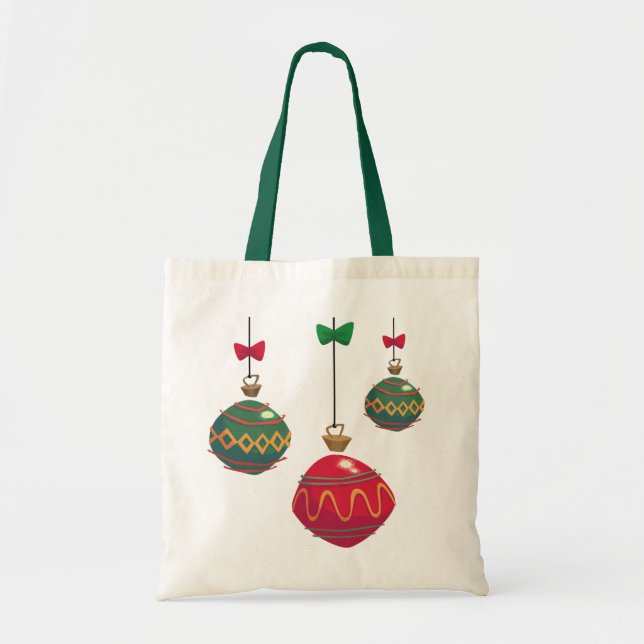 Tote Bag Ornements de Noël rétro rouge et vert (Devant)