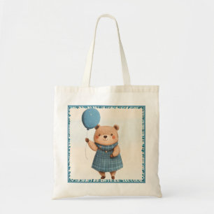 Tote Bag Ours de fille avec robe bleue plaid et ballon