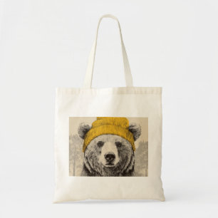 Tote Bag Ours en bonnet jaune Animaux de la forêt rustique