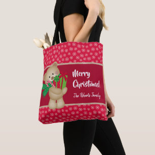 Tote Bag Ours en peluche de Noël avec cadeaux et flocons d