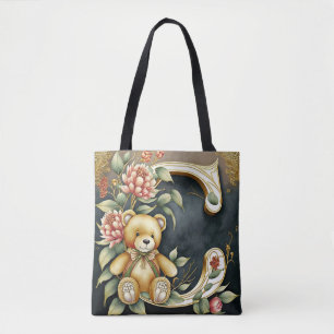 Tote Bag Ours en peluche floral lettre C
