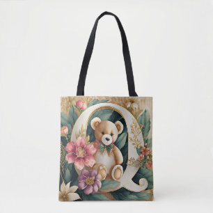 Tote Bag Ours en peluche floral lettre Q