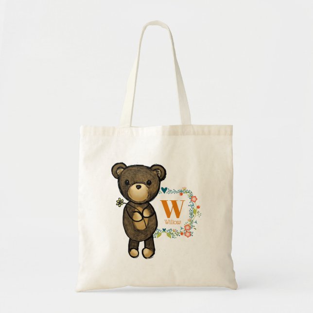 Tote Bag Ours mignon, Fleur Jaune & Fer Florale Personnalis (Devant)