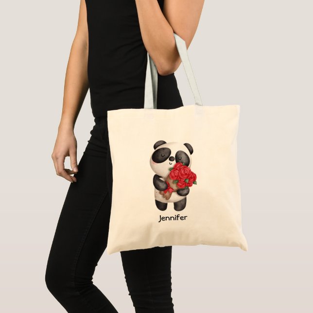Tote Bag Ours Panda mignon avec Bouquet Rose (Devant (produit))