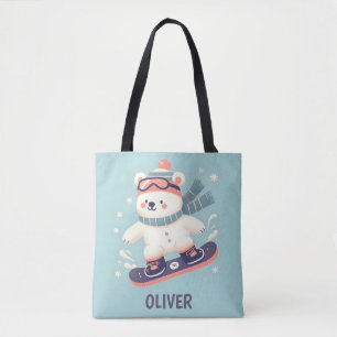 Tote Bag Ours polaire mignon sur un snowboard personnalisé