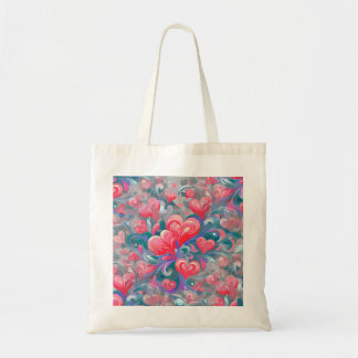 Tote Bag Padrão de corações em movimento, vermelho e azul.