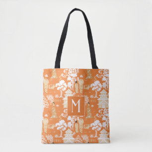 Tote Bag Pagode de la Chinoiserie orange Monogramme