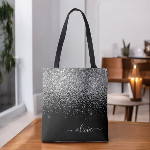 Tote Bag Pailleté Noir Argenté Monogramme Féminin Nom