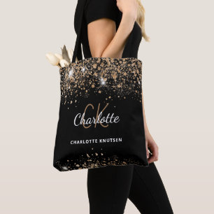 Tote Bag Paillettes de poussière dorée noire monogramme ini