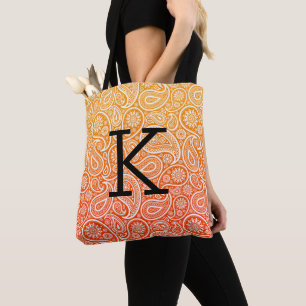 Tote Bag Paisley blanc motif sur rouge à ombre jaune
