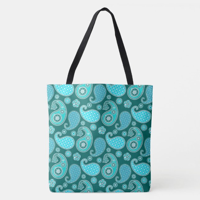Tote Bag Paisley motif, Turquoise, Aqua et Blanc (Devant)