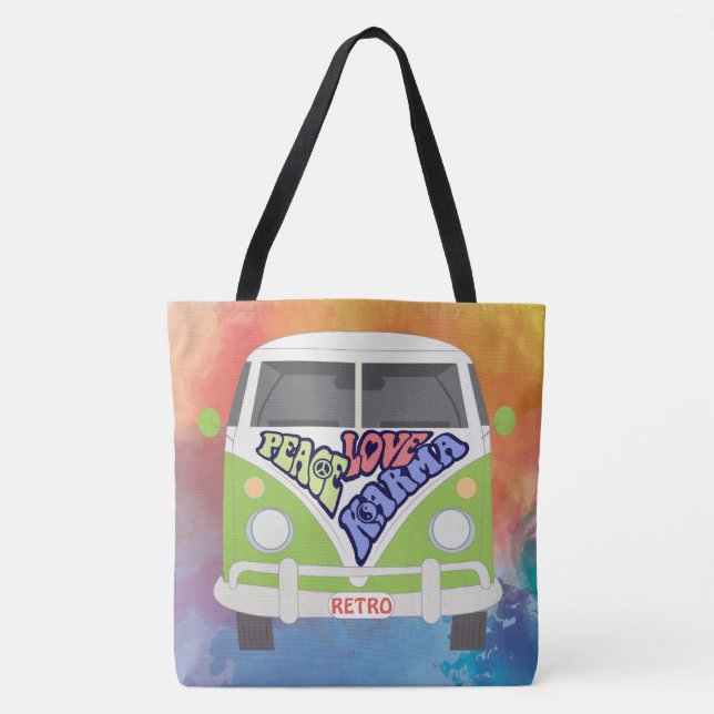 Tote Bag Paix, Amour, Karma, Hippy, aquarelle arc-en-ciel (Devant)