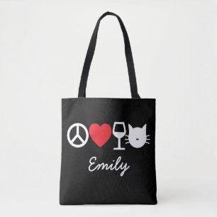 Tote Bag Paix, Amour, Vin et Chats (noir)