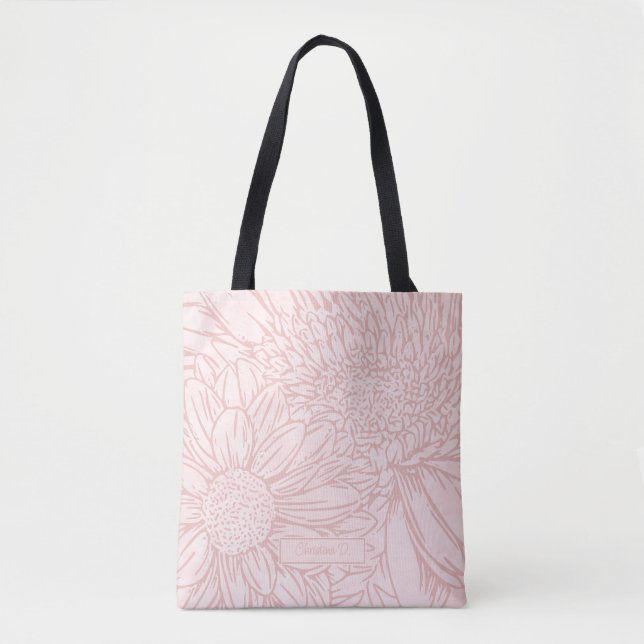 Tote Bag Pale Pink Grunge with Name and Chrysanthemums (Devant)