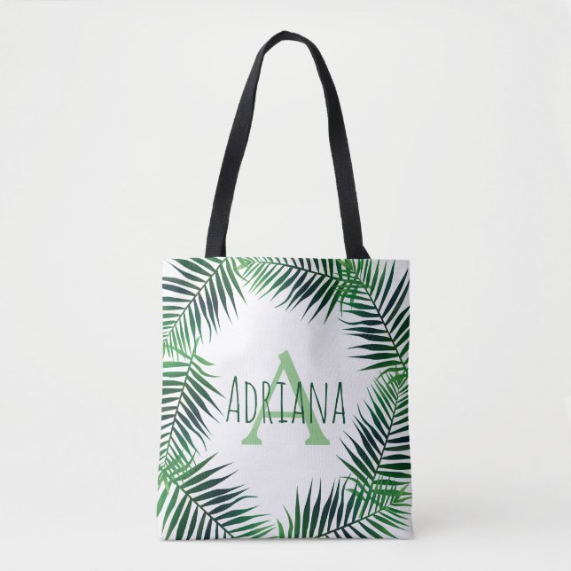 Tote Bag Palme tropicale Feuille & lettre initiale avec nom (Devant)