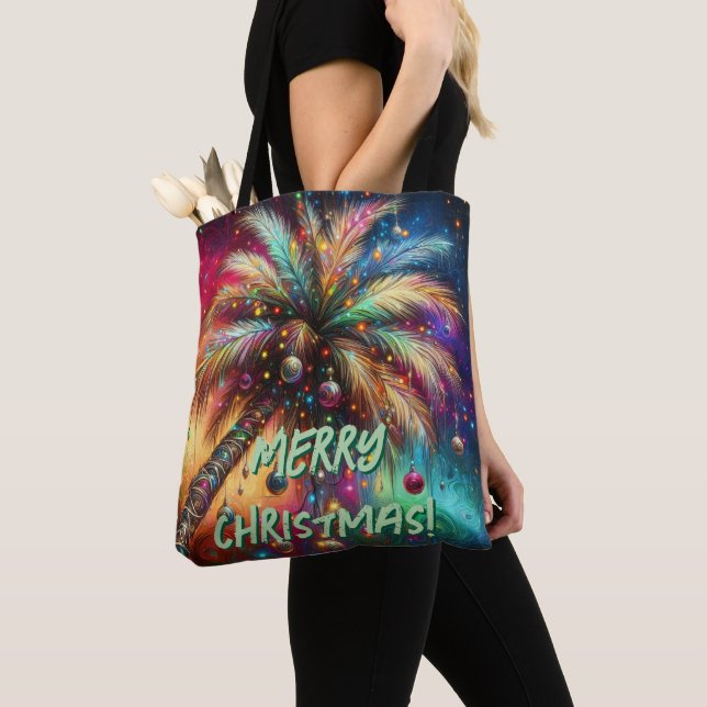 Tote Bag Palmier de Noël Whimsical Tropical Beach Vivid (De près)