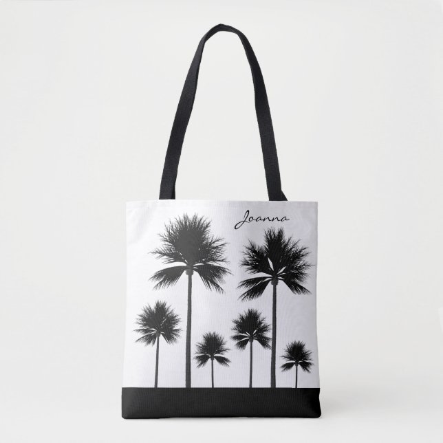 Tote Bag Palmier noir et blanc avec la plage Name (Devant)