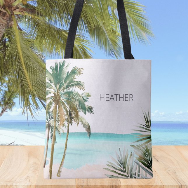 Tote Bag Palmier tropical Monogramme Plage Bleue Feuille (In situ)