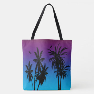 Tote Bag Palmiers de noir de brume de coucher du soleil du