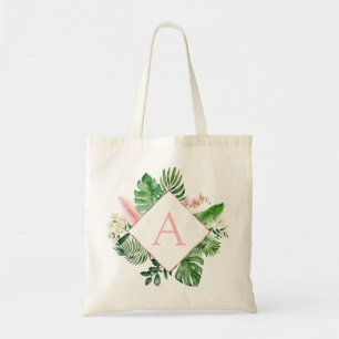 Tote Bag Palmiers tropicaux Mariage rose clair Monogramme