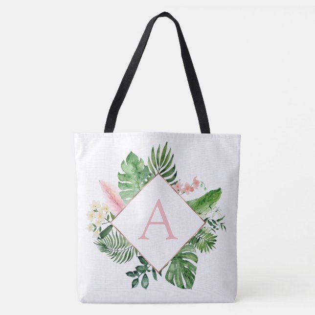 Tote Bag Palmiers tropicaux Mariage rose clair Monogramme (Devant)