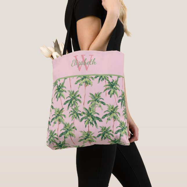 Tote Bag Palmiers Tropicaux sur Monogramme Rose (De près)