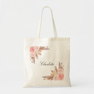 Tote Bag Pampas herbe rose or fleuri blanc nom