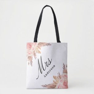 Tote Bag Pampas herbe rose or floral blanc mariée mrs